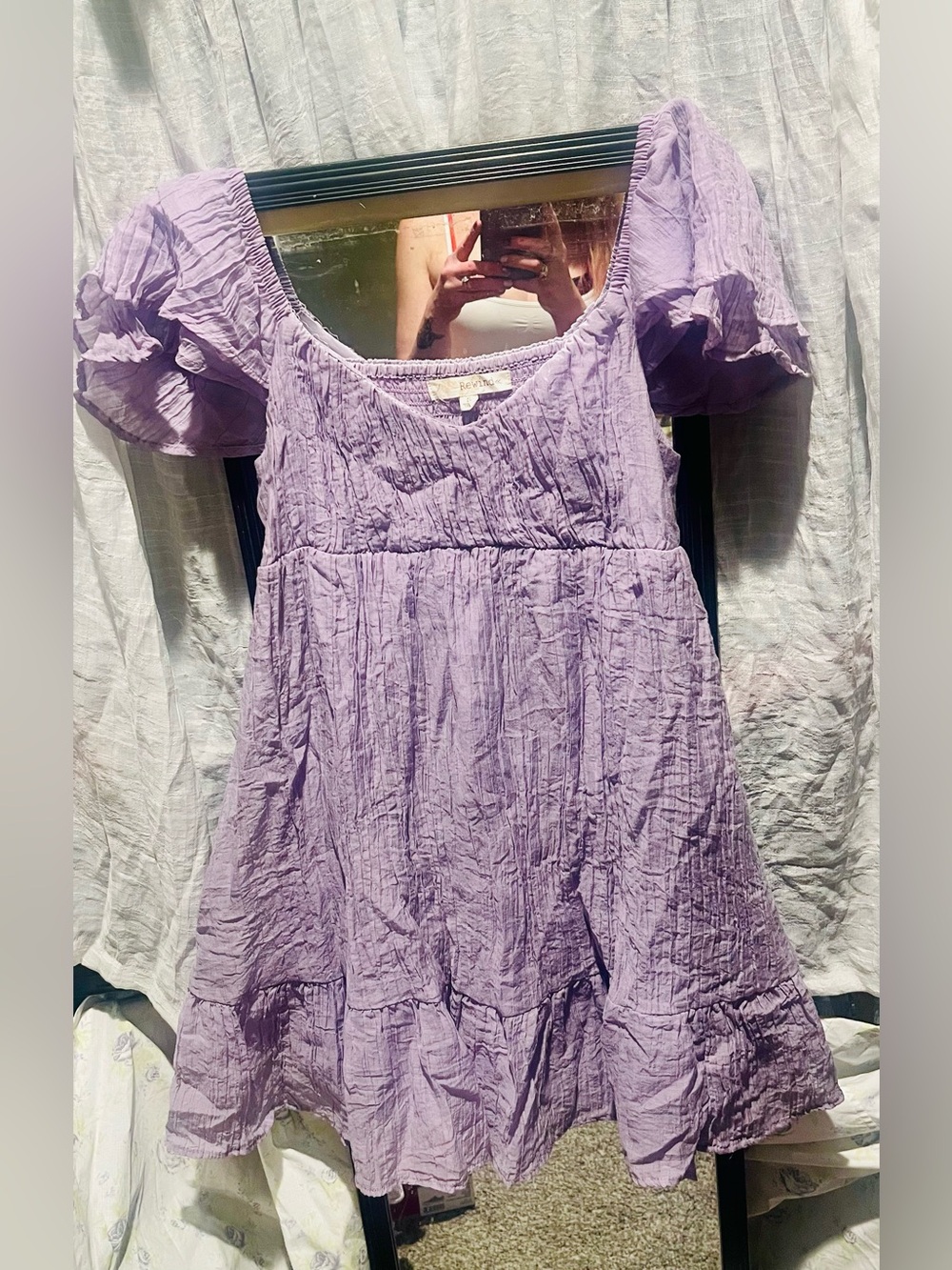 Rewind Lavender Crinkle Ruffle Puff-Sleeve Dress Size S
